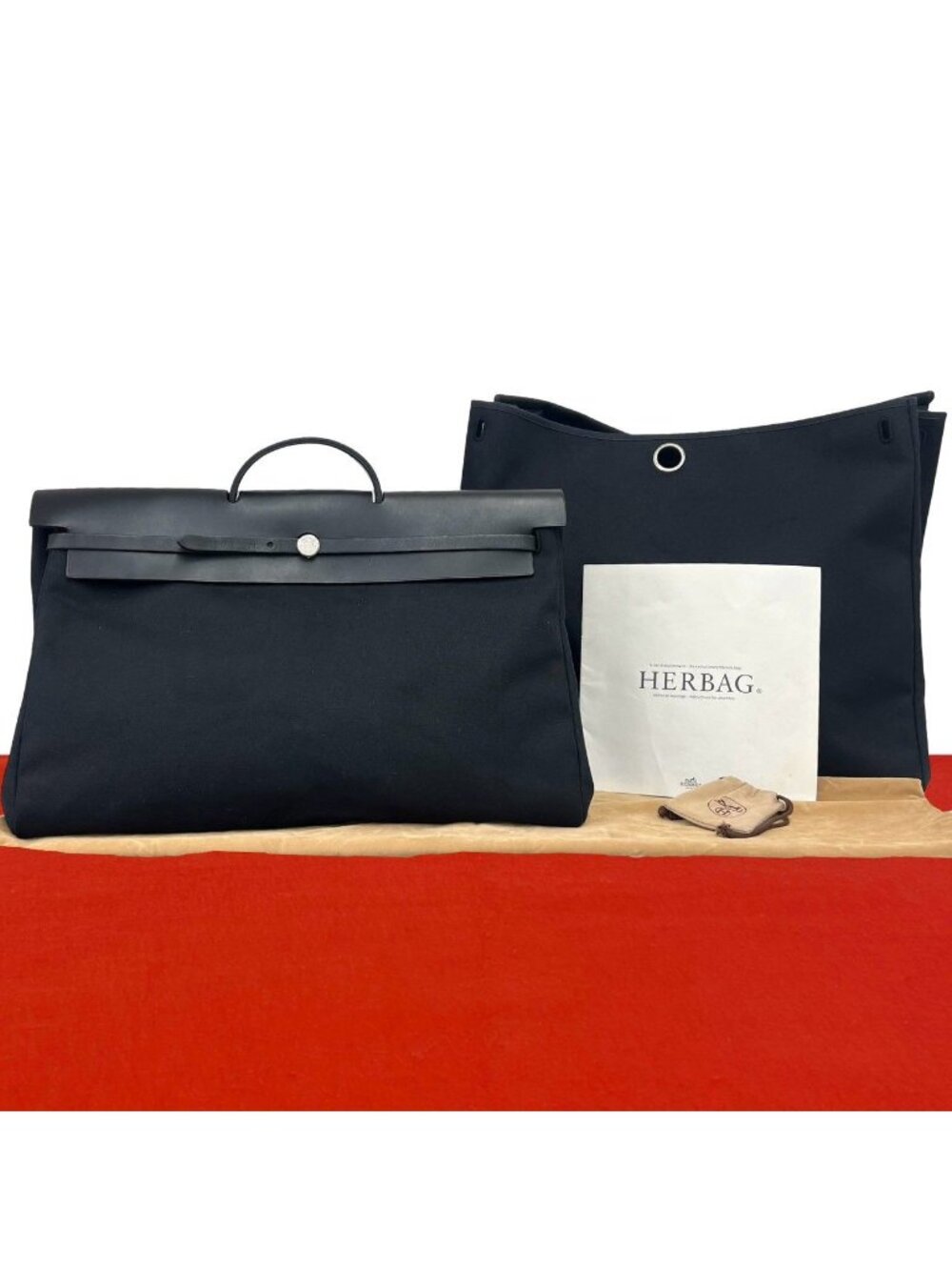 Hermes Herbag GM Toile Officier Leather Boston Bag Black